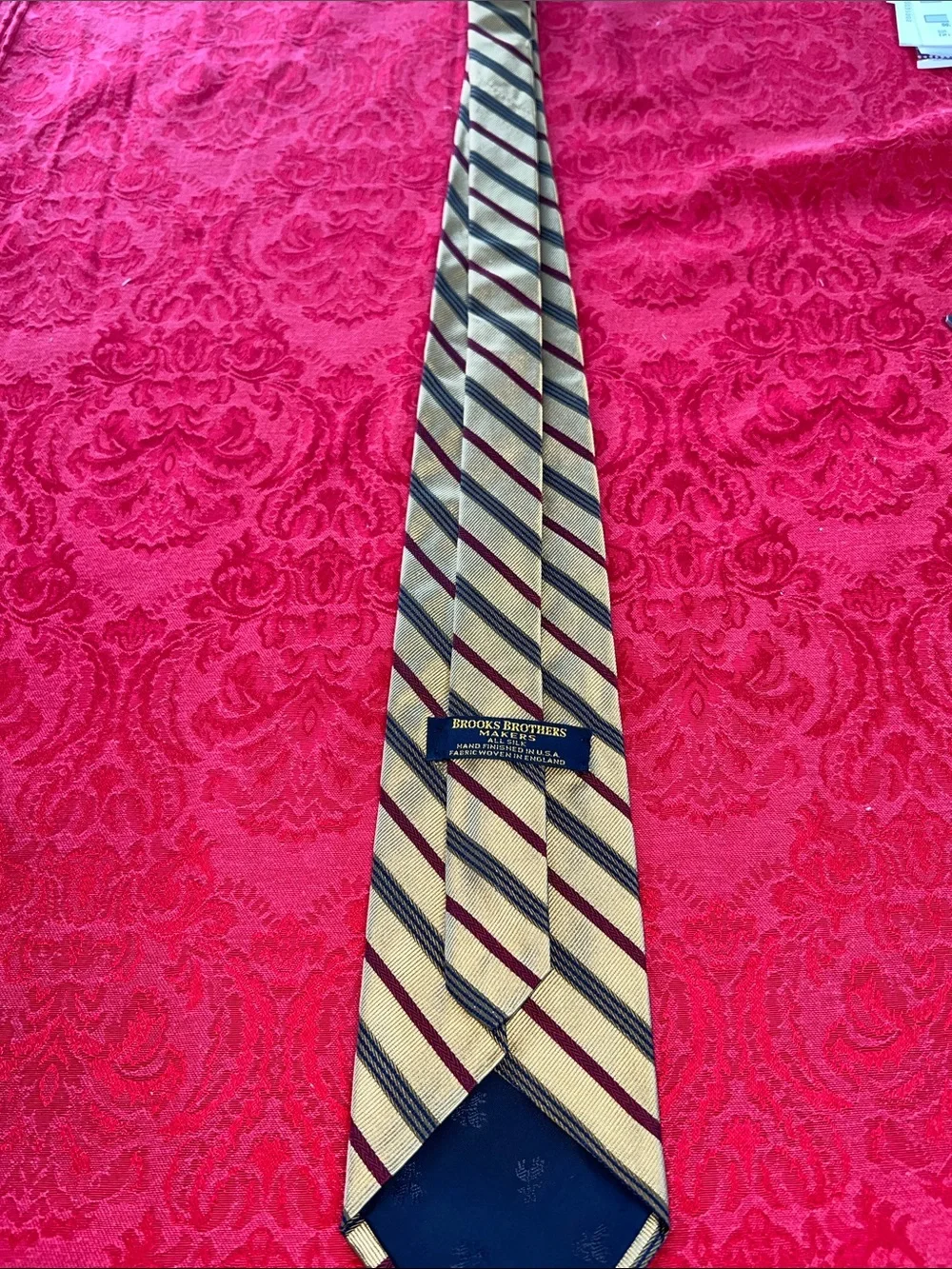 Brooks Brothers Makers Men’s Silk Tie Beige Burgundy Navy Stripe Made USA